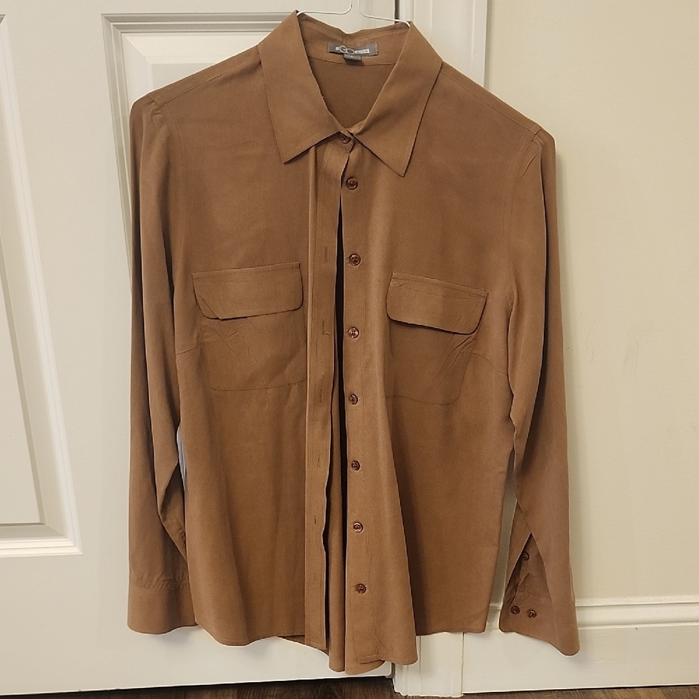 ​GO SILK 100% Silk Washable Button Down Utility Blouse - Tan/Camel - Large